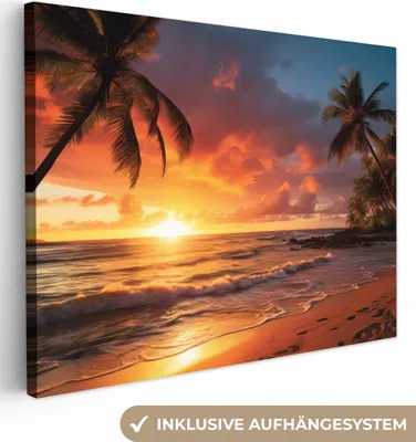 Produktbild von MuchoWow® - Leinwandbilder - Sonnenuntergang - Palmen - Strand - Meer, Wandbild, Wanddeko Bilder Wohnzimmer, 40x30 cm