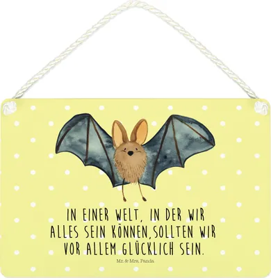 Produktbild von Mr. & Mrs. Panda Schild Fledermaus Flügel DIN A4 - Gelb Pastell - Geschenk, wandtafel, Türschild, Lustige Sprüche, hängeschild, holzbild, Wandbild Holz