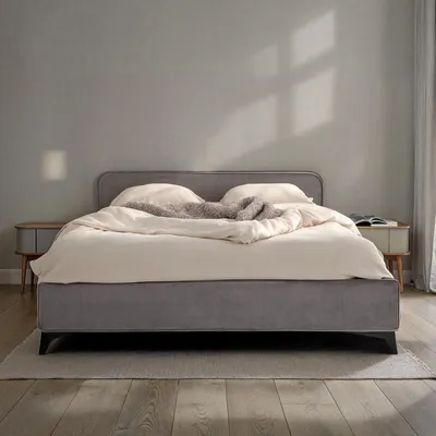Produktbild von Polsterbett LAVORO Einzelbett 140x200, grau - Bett mit Lattenrost und Samtstoffbezug, Bettgestell mit gepolstertem Kopfteil, modernes Design, Robuster Holzrahmen & Metallbeine