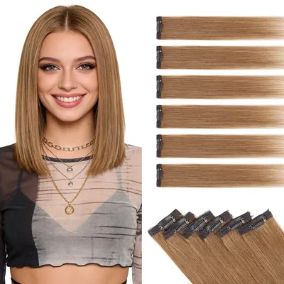Obrázok produktu pre Clip-in predlžovanie vlasov, prírodné vlasy, 6 kusov, balayage, svetlé pramienky, rovné, farba #6 (svetlohnedá), dĺžka 50 cm, váha 44 g