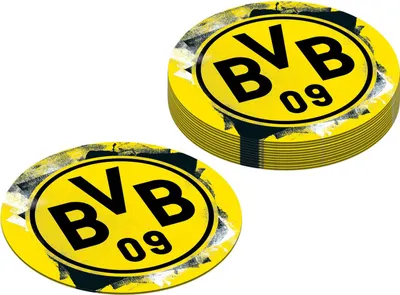 Two stacks of round coasters with the BVB Dortmund logo.