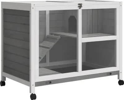 A wooden pet cage with multiple levels and a ramp, shown on a white background.