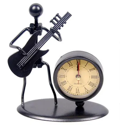 Vintage Tischuhr mit E-Gitarre, Eisenkunst, 13,4x12 cm, schwarz