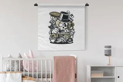 Produktbild von MuchoWow® Wandteppich Wandbehang Vintage - Totenkopf - Hut 90x90 cm Tapisserie Dekoration Wandtuch - Wandaufhänger
