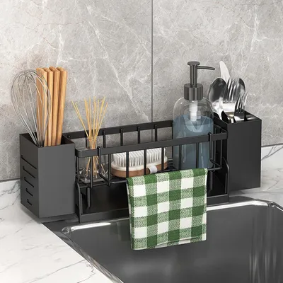 Produktbild von Küchenorganizer mit Schwamm- und Besteckhalter, Kunststoff, schwarz, für die Spüle