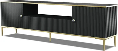 Produktbild von TV Schrank PETRA 180 cm 2D1S SCHWARZ MATT mit Goldene Metallfüße Lowboard Schublade Stehen Unterschrank Fernsehschrank Modern Loft TV Board Sideboard