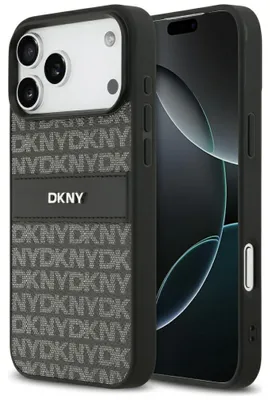 Image de Coque iPhone 17 Pro Max DKNY simili cuir noir logo métal argenté
