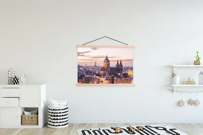 Produktbild von MuchoWow® Textilposter Amsterdam - Zentrum - Architektur. 120x80 cm mit holzfarbenen Rahmen - Aufhängeset