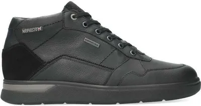 A black leather Mephisto boot is shown from the side against a white background.