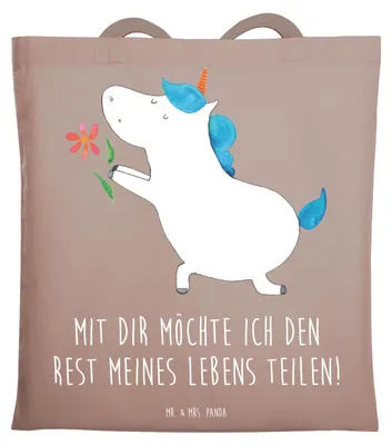 Produktbild von Mr. & Mrs. Panda Einkaufstasche Einhorn Blume - Braun Pastell - Geschenk, Stoffbeutel, Freund, Pärchen, Schultasche, Tasche, Jutebeutel, Unicorn, Einhörner, Tote Bag
