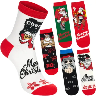 Produktbild von BRUBAKER 5 Paar Weihnachtssocken Herren 41-45 – Cooler Weihnachtsmann mit Bier & Skateboard – Lustige Socken