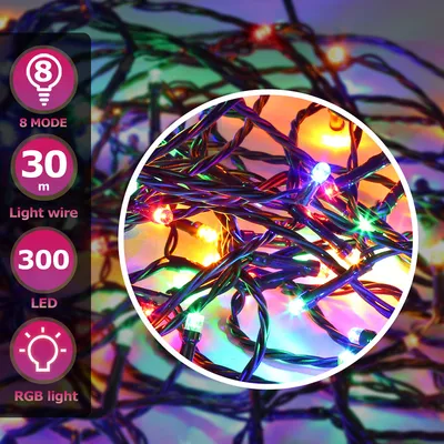 Image de Yakimz 30M 300 LED Guirlande lumineuse pour arbre de Noël, fil de cuivre vert foncé multicolore avec 8 programmes LED pour l'intérieur et l'extérieur IP44