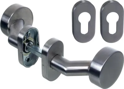 Produktbild von NAJDER Doppelseitiger Türknauf, Fester Türknopf aus Edelstahl, Flacher Türknauf mit Biegung und Ovalrosette, Edelstahl A2-AISI 304, mit 2 Schildern für Knöpfe und Schlösser