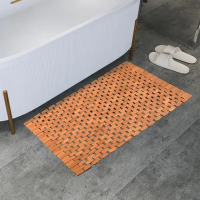 Produktbild von Teakholz Badematte,hölzerne Duschmatte,70x50cm,Badewannenmatte, rutschfeste Gummifüße, rollbar, innen, Badezimmer, Dusche, Spa, Sauna