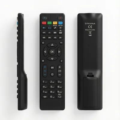 Three views of a black remote control are presented against a white background.