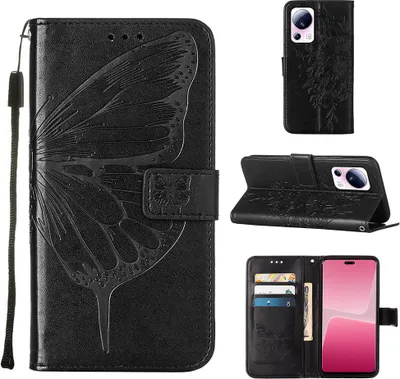 Produktbild von Lederhülle für Xiaomi 13 Lite 5G Schmetterling Prägung Flip Ledertasche Kartenfächer Handyhülle mit Ständer Schwarz