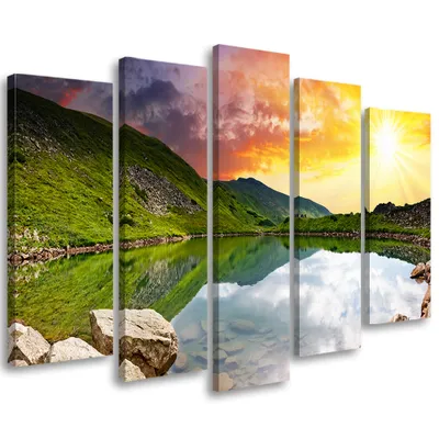 Obrázok produktu pre Obraz na plátne v 5 sekciách západ slnka krajina jazera 150x100 cm Feeby zelená maľba na stenu pripravené na zavesenie