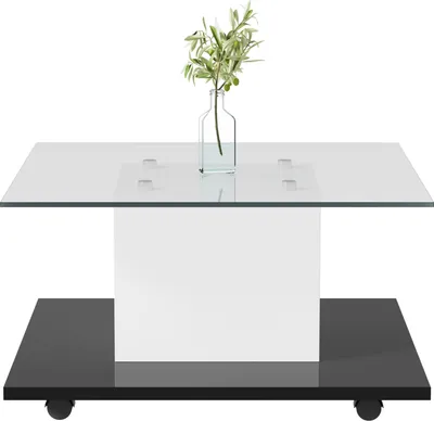 Produktbild von Merax Couchtisch mit LED und Rollen, Beistelltisch hochglanz Wohnzimmertisch mit Glasplatte, Wohnzimmertisch 80x80x40 cm, Weiß/Schwarz