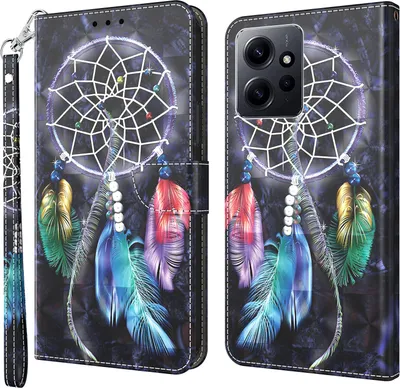 Produktbild von CLM-Tech Hülle kompatibel mit Xiaomi Redmi Note 12 4G - Tasche aus Kunstleder - Klapphülle mit Ständer und Kartenfächern, Traumfänger schwarz bunt