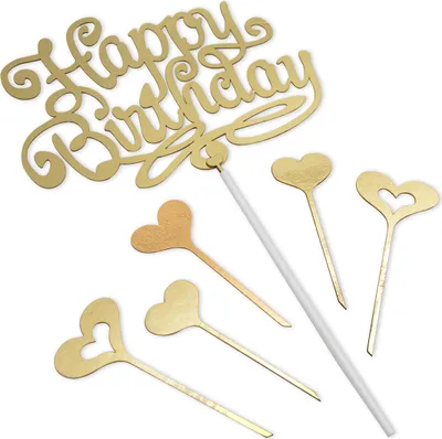 Produktbild von Tortenaufsatz Happy Birthday gold mit 5 Herzen Tortenstecker zum Geburtstag für Torten Kuchen