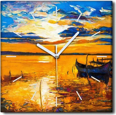 Produktbild von Coloray Uhr auf Leinwand 30x30 cm Wand Uhr Dekoration Wohnzimmer Segeltuch weiße Zeiger -Sonnenuntergang-Brückenwasser