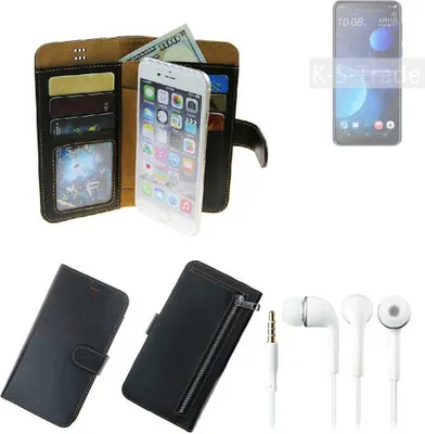 Produktbild von TOP SET Handy Hülle Schutz Hülle kompatibel mit HTC Desire 19+  schwarz aus Kunstleder + Kopfhörer Smartphone Tasche vollwertige Geldbörse