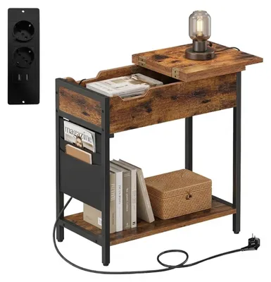 Zdjęcie produktu dla Stolik pomocniczy Relaxdays z gniazdkami, portem USB i boczną kieszenią, 60 x 60 x 31,5 cm, industrialny stolik nocny, czarny/brązowy