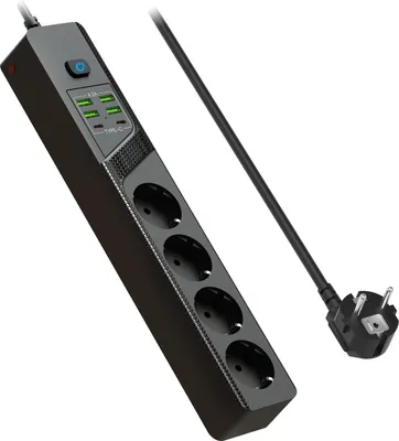 Imagen del producto de Regleta de enchufes de 4 tomas con USB-C - Regleta plana y alargada con interruptor - Regleta múltiple para montaje en pared