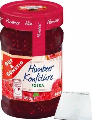 Produktbild von Gut & Günstig Himbeer Konfitüre extra ausgeprägter Himbeergeschmack und 50% Frucht (450g Glas) + usy Block