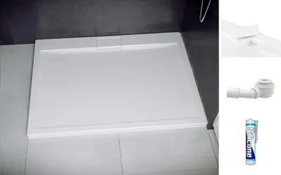 Produktbild von ECOLAM Duschwanne Duschtasse flach bodengleich A-Besco Rechteck 100x80 cm Tiefe 2,5 cm Acryl weiß + Siphon + Silikon