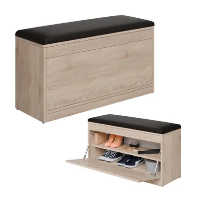 A shoe cabinet with a seat on top, shown from two different angles.