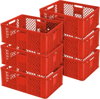Produktbild von 6x Eurobehälter durchbrochen/Stapelkorb, Industriequalität, lebensmittelecht, 600 x 400 x 240 mm, rot
