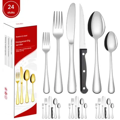Produktbild von Bestekset 24 Stk, Roestvrijstaal 18/10, Für 4 Personen Mit Steakmessen Und Salade-Gabeln, Spülmaschinenfest, Für Zuhause Und Restaurant