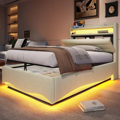 Zdjęcie produktu dla Łóżko tapicerowane Merax 90x200 cm, z oświetleniem LED, mechanizmem hydraulicznym, złączami USB i typu C, schowkiem, łóżko pojedyncze, płaskie łóżko z tkaniny lnianej, beżowe