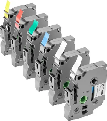 Zdjęcie produktu dla zestaw 6 taśm do pisania 12 mm TZe-131, TZe-231, TZe-431, TZe-531, TZe-631 w różnych kolorach - zestaw taśm do etykietowania