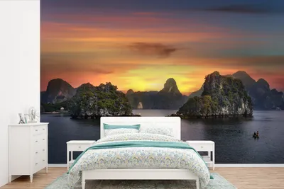 Produktbild von MuchoWow® Fototapete für Wohnzimmer oder Schlafzimmer Wandtapete Vinyl Motivtapete Sonnenuntergang in der Halong-Bucht - 390x260 cm - Papiertapete