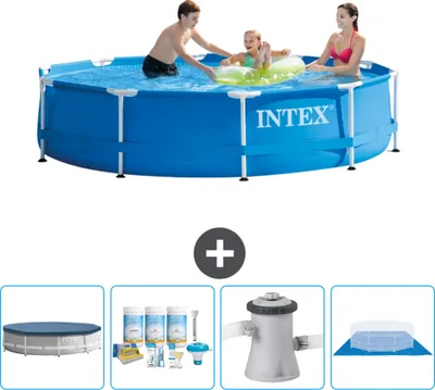 Produktbild von Intex-Schwimmbecken mit rundem Rahmen – 305 x 76 cm – Blau – im Lieferumfang enthalten Abdeckung - Wartungspaket - Filterpumpe für Schwimmbad - Bodenplane