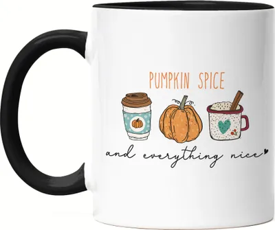 Produktbild von Pumpkin Spice And Everything Tasse Schwarz Kürbissuppe Kürbis Laubblätter Herbstblätter Herbstzeit Erntezeit Autumn