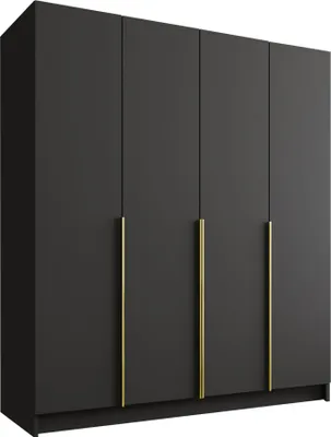A front view of a modern, dark gray wardrobe with four doors and gold handles.