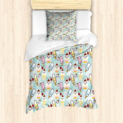 Produktbild von ABAKUHAUS EIS Mantele, Cupcake Gesichter, Milbensicher Allergiker geeignet mit Kissenbezügen, 135 cm x 200 cm - 80 x 80 cm, Mehrfarbig