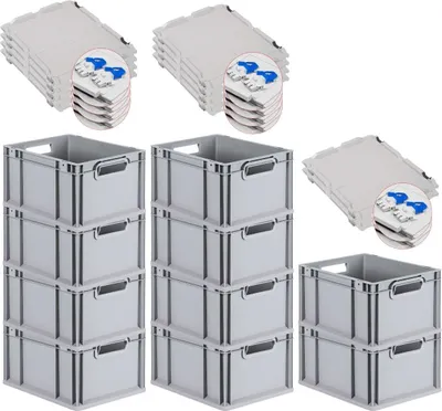 Produktbild von SuperSparSet 10x Eurobox NextGen Grip mit Scharnierdeckel und blauen Schiebeschnappverschlüssen | HxBxT 22x30x40cm | 20 Liter | Grau | Griffe offen | Glatter Boden | Eurobehälter, Transportbox, Transportbehälter, Stapelbehälter