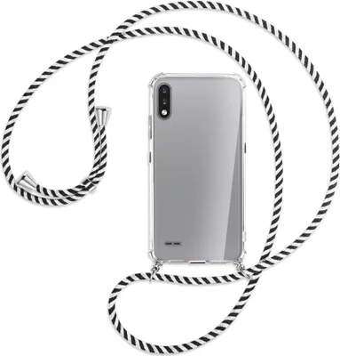 Produktbild von Handykette Backcover-Schutzhülle mit Band (Metall silberfarben) für LG K22 LMK200 - schwarz/weiß gestreift