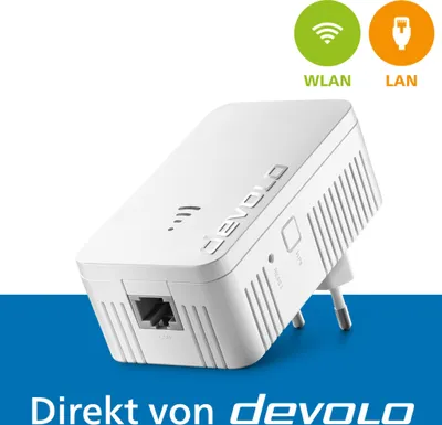 A white devolo WiFi 5 Repeater 1200 is shown plugged into a wall socket, with marketing icons and text.
