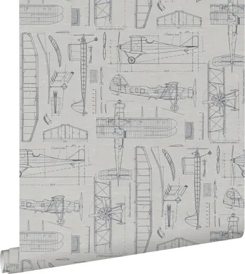 Produktbild von ESTAhome Tapete Kontruktionszeichnungen von Flugzeugen Taupe und Graublau 53 cm x 10.05 m