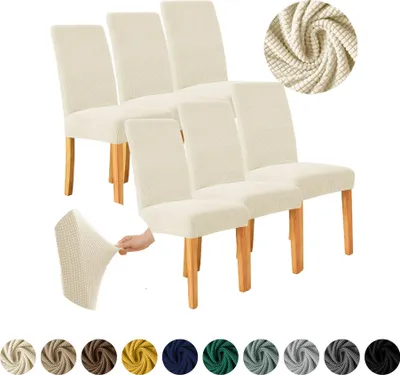 Produktbild von MEBLE ODNOWA, Stuhlhusse, Stuhlbezug, Standardgröße, Jacquard, Creme, 6er Set, Karostruktur, elastisch, Stuhlbezüge, Stuhlhussen, maschinenwaschbar