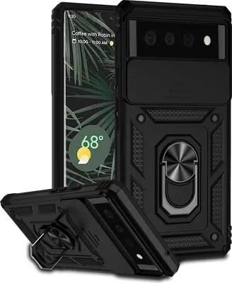 A black Google Pixel 6 phone case with a sliding camera cover and a ring stand is displayed diagonally.