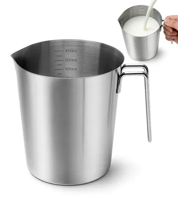 Immagine prodotto di Bicchiere graduato in acciaio inossidabile da 1 litro, con scala fino a 1000 ml, beccuccio versatore e manico ergonomico