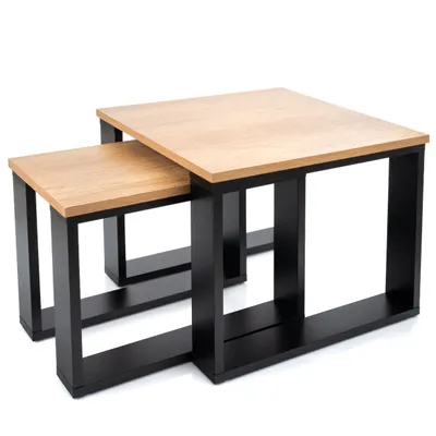 Produktbild von Lehmann Couchtisch 2er Set in 2 Größen für das Wohnzimmer, mit Holzplatte und schwarzem Gestell