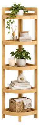 Zdjęcie produktu dla Relaxdays, narożna półka z bambusa, 5 półek półokrągłych, wymiary: 116x23x23 cm, wolnostojąca półka do łazienki i kuchni, oszczędna pod względem miejsca, kolor naturalny, Obraz wygenerowany przez AI