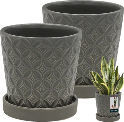 Produktbild von KOTARBAU® 2 St. Pflanzentopf mit Untersetzer Grau ⌀ 13 cm Höhe: 15 cm Glasierte Keramik Blumentopf Keramik groß Plant Pot Kaktus Topf mit Untersetzer Übertopf mit Untersetzer Blumentöpfe Keramik
